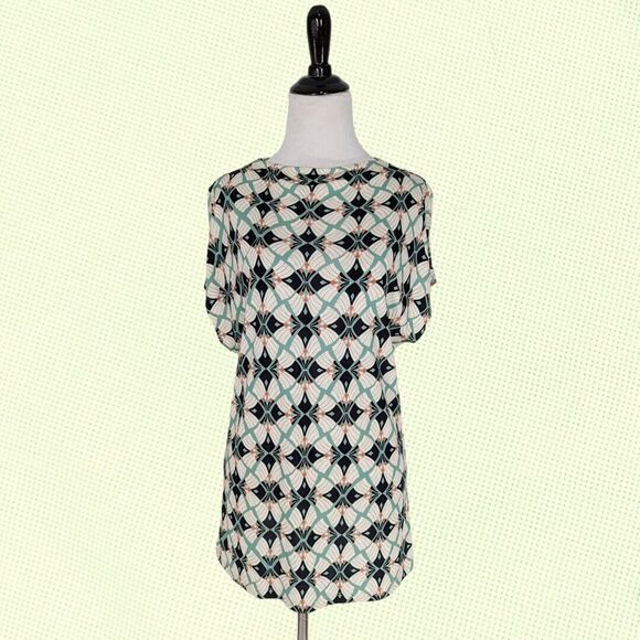 Reiss Top S High Neck Floral Jersey Green White Work Office Occasion Abstract - Picture 1 of 7